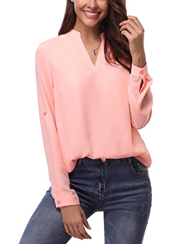 Gyabnw Oberteile Damen V-Ausschnitt Bluse Sommer Elegant Langarm Hemdbluse Shirts Tunika Tops Einfarbig Loose 3/4 Ärmel T-Shirts Tuniken Rosa/Schwarz/Weiß/Weinrot/Grau Cover