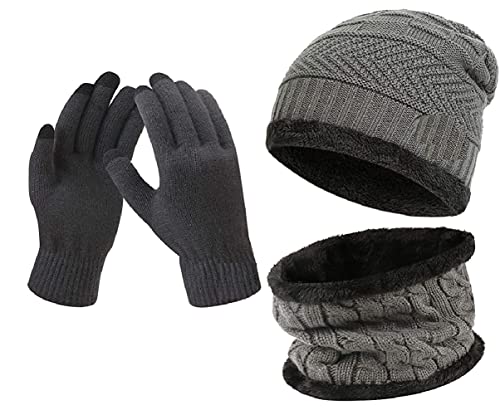 Image of Winter Thick Fleece Lined Beanie woolen Cap Hat, Neck Scarf and Touchscreen Gloves Set cap for Men Women(3 set)