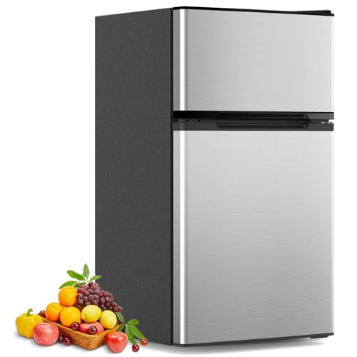 COWSAR 3.2 Cu.Ft Fridge with Freezer, Double Door Compact Refrige for Bedroom, Adjustable Thermostat, Energy-efficient Low Noise Small Refrigerator For Dorm, Office, Bar, RV, Commercial by COWSAR - Used condition - US$178.00