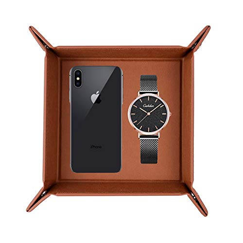 2 PCS Leather Valet Tray Organizer, Leather Nightstand Organizer for Men and Women, Dresser Organizer for Dresser Desk Top - Key and Wallet Box - Bedside Charging Station(Brown)