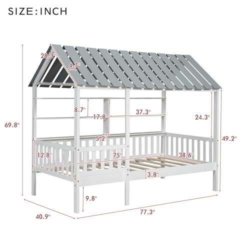 Twinsizewoodhousebedwithguardrailand2tierstorageshelvesplayhousedesigntentbedplatformbedframeswithroofforkidsteensgirlsboyssturdyslatssupport  Urban Country Home Decor Twin size wood house bed with guardrail and 2 tier storage shelves playhouse design tent bed platform bed frames with roof for kids teens girls boys sturdy slats support  urban country home decor