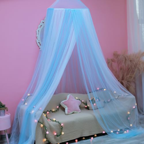 Image of Princess White Blue Bed Canopy for Girls Bed Net,Princess Canopy for Kids Bed Room Decor (White+Blue)