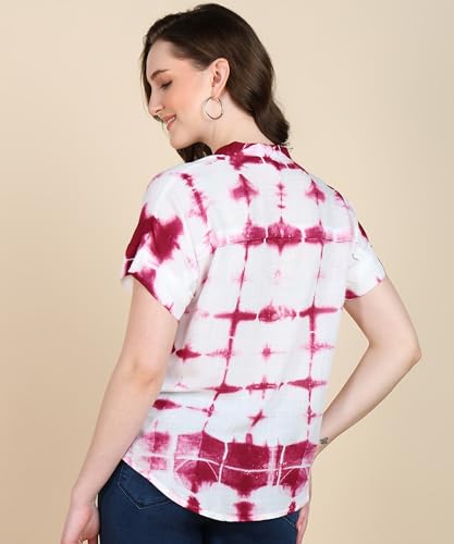Image of Maaesa Women Handmade Regular Fit Tie-Dye Rayon Top | Casual Wear & Office Wear | Short Sleeve | Mandarin Neck | Lightweight & Breathable Fabric