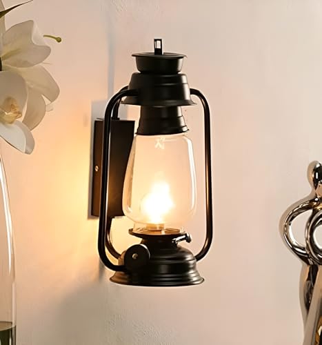 Black Lantern Metal and Glass Wall Light for Living Room Ancient/...