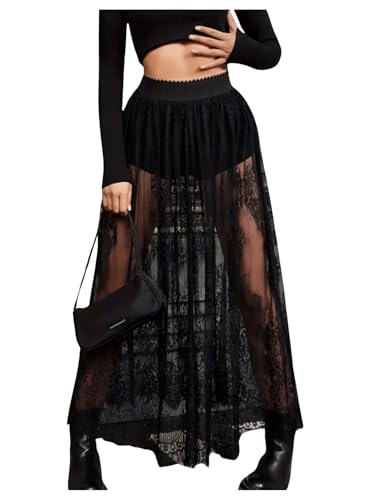 BEAUDRM Women's Floral Lace Maxi Skirt Mesh Sheer High Elastic Waist Flowy Going Out Skirts with Underskirt Black Medium