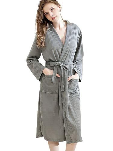 Bata de baño ligera de gofre para hombre y mujer, con bolsillos para cinturón, suave, transpirable, para salón, spa, piscina, kimono, Gris [femenino], XL