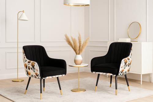 Image of Velvet Chair with Floral Pillow for Home | Modern Accent Armchair in Soft Velvet Fabric with Golden Legs | Set of 2 Premium Accent Chair for Living Room Bedroom (Black Floral)