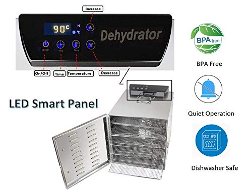 Food Dehydrator Machine 6 Trays Stainless Steel Electric Food Dryer Digital Adjustable Timer and Temperature Control for Jerky, Herb, Meat, Beef, Fruit