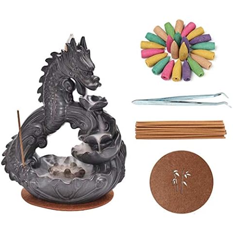 Porcelain Dragon Ornament Backflow Incense Burner Aromatherapy Incense Cone Sticks Holder Home Decor Backflow Incense Holder with 20 Upgraded Incense Cones Gifts for Men Women Cover