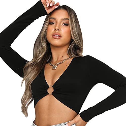 KOEMCY Camiseta Manga Larga Mujer Crop Tops Sexy Camisetas Cuello en V Camisa de Corte Ajustado Pullover Color Sólido Blusa Club Party Casual Tops (Negro,L)