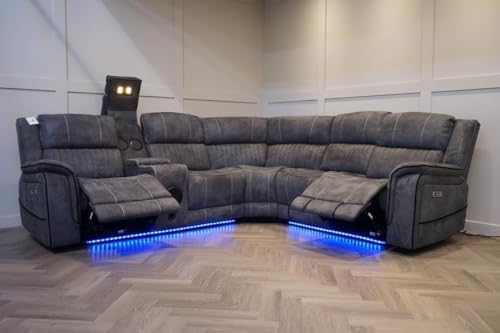 Geneva Pro Fabric Electric Recliner Corner Sofa With Cup Holders - Fabric Corner Sofa With Cooling Cup-Holders/LED Lights/Bluetooth Speakers/Wireless Charging Pad/USB Charging Ports (Grey)
