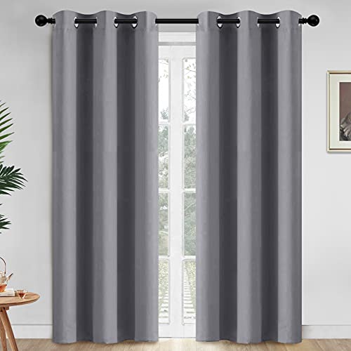 Yakamok 84 Inch Length Grey Blackout Curtains for Bedroom, Thermal Insulated Room Darkening Grommet Top Window Drapes for Living Room,42W x 84L,2 Panels