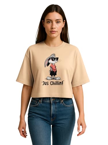 Image of HELLCAT Beige Printed Loose Fit Crew-Neck Crop T-Shirt for Women