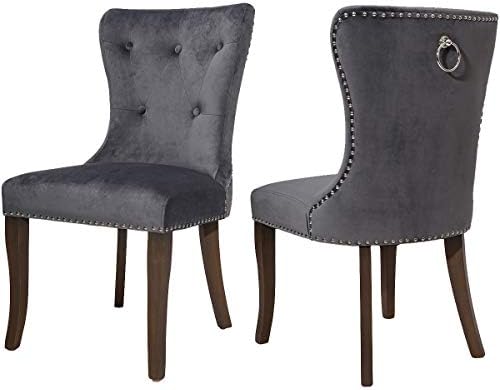 COZYWELL Dining Chair Set of 2, Grey Velvet Tufted Dining Chair Upholstered Accent Chair Button Tufted Parson Armless Chair with Nailhead Trim and Back Ring Pull (Velvet Grey)