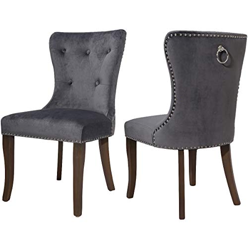 Dining Chairs Set of 2, Velvet Upholstered Grey Accent Chair Button Tufted Armless Chair with Nailhead Trim and Back Ring Pull, with Upgraded Size: 19.7 x 19.7 x 36.4 inches