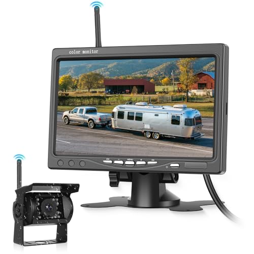 Kabellos Rückfahrkamera und 7-Zoll-HD-Monitor, Set Rückfahrkamera Wireless Fahrzeuge Parkassistenzsystem, Nachtsicht wasserdichte Auto Kamera für Anhänger, Bus, LKW, Wohnmobi, Pferdeanhänger 12V-24V