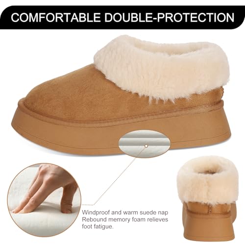 Double Couple Suede Leather Ankle Boots for Women Platform Slippers Fur Lined Short Boots Anti-Slip Mini Platform Boots Chestnut Snow Boots3