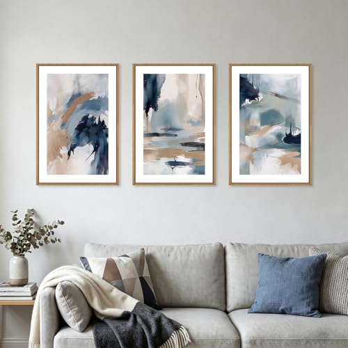 Image of KAIRNE Blue Abstract Neutral Framed Canvas Wall Art Set, Navy Abstract Wall Decor, Watercolor Blue and Brown Wall Painting, Modern Textured Art Prints for Living Room, Bedroom, Office-24 x36 x3
