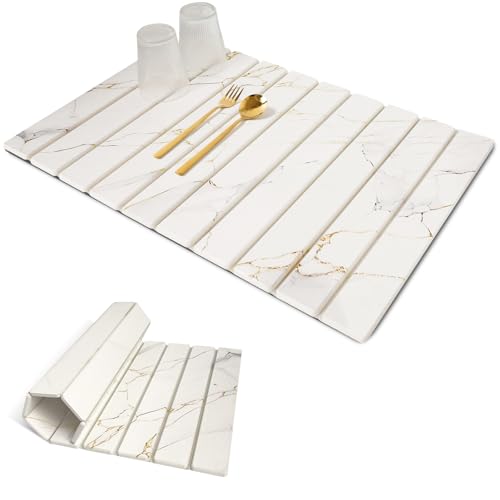 Sofort Stone Drying Mat for Kitchen Counter, Super Absorbent Foldable Dish Drying Mat, Gold White Marble Large 24