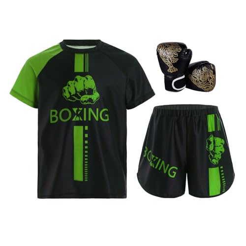 winying Set di vestiti da boxe per bambini e ragazzi, set di guanti da boxe Muay Thai Fitness Training, verde/nero, 134-140
