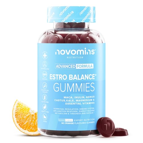 Novomins Estro Gummies - Alternative zu Östrogen für Frauen - Hormonelles Gleichgewicht & Gesunde Knochen - Mit Vitamin D, B6, B12, Maca- & Grünkohlextrakt, Inulin - 60 Vegane Gummies