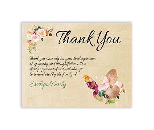 Sympathy Acknowledgement Cards, Butterfly Funeral Thank You and Bereavement Notes Personalized