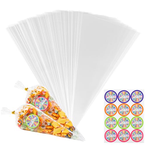 VEYLIN Cellophane Sweets Cone Bags, 100 Pieces Clear Cone Bags with150 Twist Ties 108 Pieces Stickers for Baking, Candy, Cookie, Displaying, Wrapping (13 x 25CM)