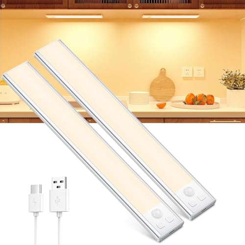 OUILA Schrankbeleuchtung LED mit Bewegungsmelder Unterbauleuchte Küche LED USB-C wiederaufladbar LED-Licht Dimmbar kabellos Nachtlicht für Küche Kleiderschrank Schrank 20.5CM 2 Stück