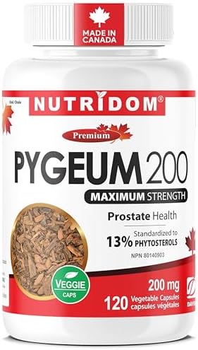 Nutridom Pygeum 200 mg | Maximum Strength – 120 Vegetable Capsules | Standardized to 13% Phytosterols | Prostate Health Supplement for Men | Vegan, Gluten-free | Made in Canada | NPN 80140903