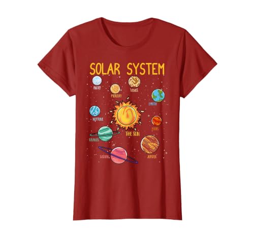 Solar System Planets Science Space Boys Girls STEM Kids T-Shirt, Women, Cranberry Red, Small