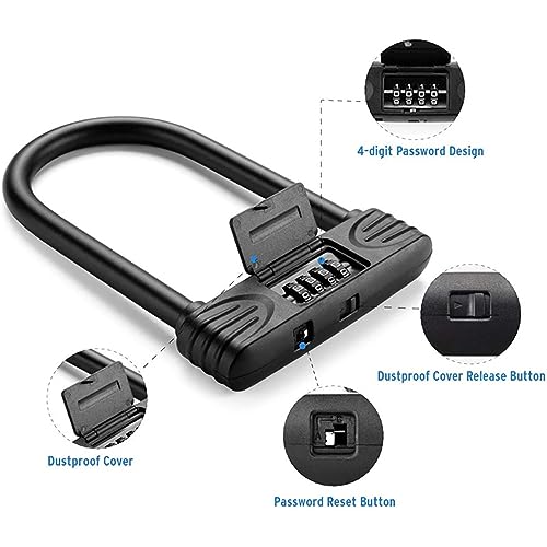 KENRONE Trava em U resistente, cadeado de bicicleta com senha de combinação de 4 dígitos com trava e