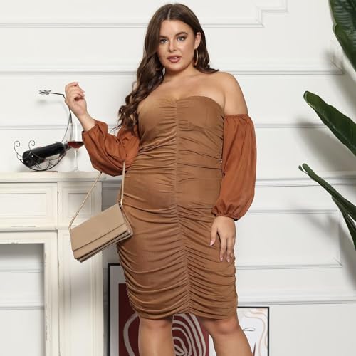 Image of EDITCOZY Women Plus Size Dresses Curvy Off Shoulder Long Sleeve Cocktail Wedding Guest Bodycon Club Midi Dress