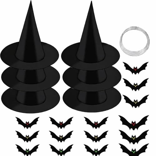 Image of LCOLYDM 6 Pcs Halloween Hanging Witch Hats, 18 Pcs 3D Bats Decorations, 48m Fishing Line, Black Witch Hat Outdoor Indoor Decor, Halloween Party Supplies for Home Yard Garden, Women Kids Costume