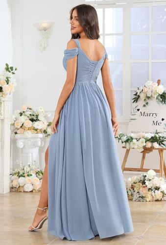 Fu Jiang Off The Shoulder Bridesmaid Dresses for Wedding Long Slit Chiffon Pleated Formal Evening Gown for Women2
