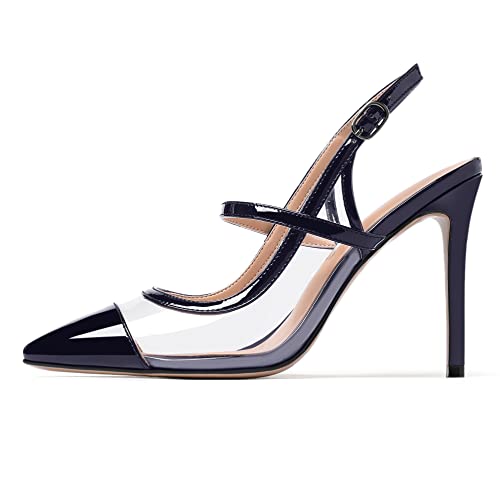 WAYDERNS Women's Patent Leather Ankle Strap Pointed Toe Clear Slingback Stiletto High Heel Pumps Wedding Party Dress Shoes 4 Inch2