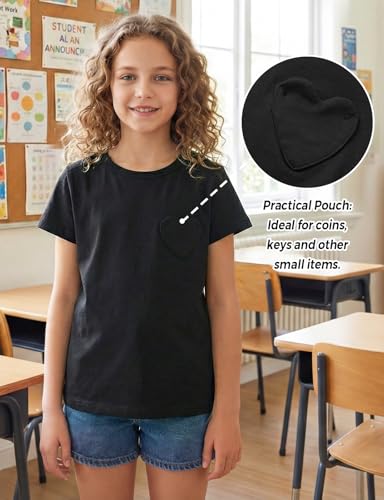 Image of Noomelfish Girls Short Sleeve Heart Pocket T-Shirts Casual Cotton Tee Tops Blouse (5-12 Years)