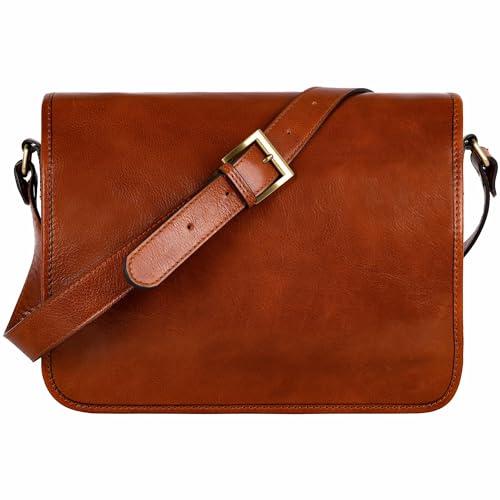 Time Resistance Leather Messenger Bag for Men, Handmade Crossbody Bag, Shoulder Bag Made in Italy, cognac