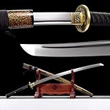 【Traditionelle Handwerkskunst】: Das Katana-Schwert übernimmt traditionelle Schmiedekunst und der Schmiedeprozess folgt strikt alten Methoden. Das schöne Aussehen und die glatten Linien sind das Ergebnis der Bemühungen des Schwertschmieds und demonstrieren perfekt den einzigartigen Charme des Samuraischwerts.