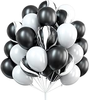 PartyWoo Black and White Balloons, 50 pcs 12 in Black Balloons, White Balloons, Black Marble Balloons, White Black Balloons With Ribbon for Black and White Party Decorations, Black and White Birthday