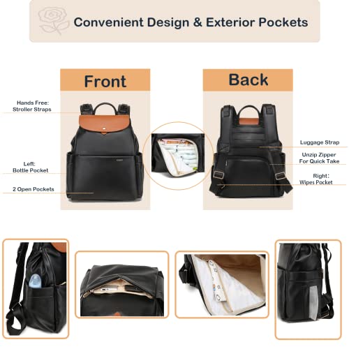 Yomiky Leather Diaper Bag Backpack, 14 Pockets, Fashion Diaper Bag Leather with Changing Pad, Stroller Straps, Travel Essential Large Diaper Bag, Unisex, Black by Yomiky - Image 3
