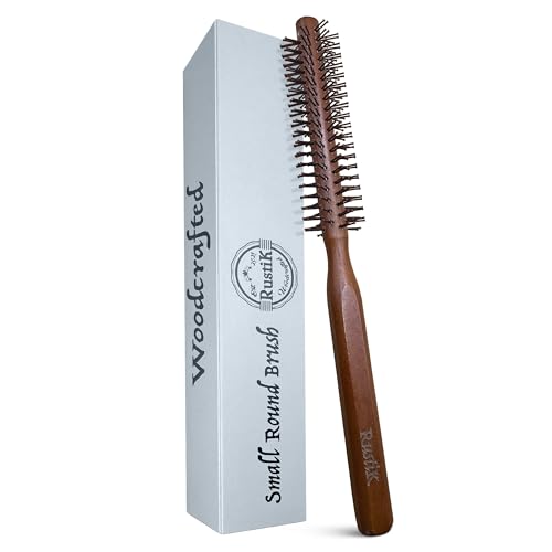 RustiK Small Round Hair Brush Wooden Barrel Brush for Blow Dry Styling Quiff Volume & Beard Grooming Round Brush for Short Hair Fringe & Bangs
