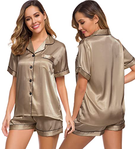 Image of SWOMOG Womens Silk Satin Pajamas Set Short Sleeve Sleepwear Button Down Top and Shorts Loungewear 2 Piece Pjs Set XS-3XL Deep Khaki X-Large