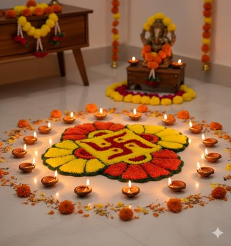 Image of Rangoli Floor Decoration Mat, Haldi & Mehndi Ceremony, Pooja and Festivals | Traditional Floral Design Decorative Mat for Home Entrance, Mandap & Event Decor