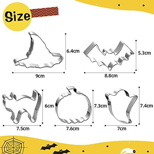 5 Pcs Halloween Cookie Cutters Shapes Set, FUKPO Stainless Steel Halloween Sandwich Cutters Biscuits Pumpkin Cutter Mini, Witch's Hat Bat Cat Ghost Cookie Cutter Children Fondant Baking Molds Kit
