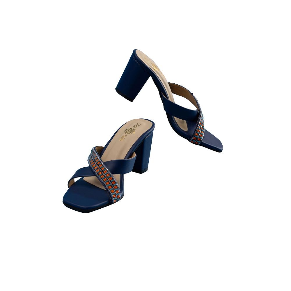 THE FROU FROU STUDIOHandcrafted Stylish Alzena Cross Strap Heels For Women | Embellished & Durable For Casual, Party, and Formal Occasions | Casual Comfortable Footwear for Ladies (Midnight Blue)