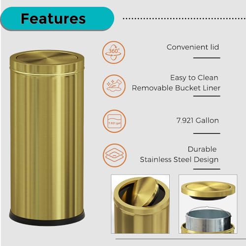 7.92 gallon/30L Kitchen Trash Can with Lid, Tall Slim, Elegant, Gold, Brushed Stainless Steel Garbage Can for Office, Hotel, Kitchen (30Lgold) - Image 3