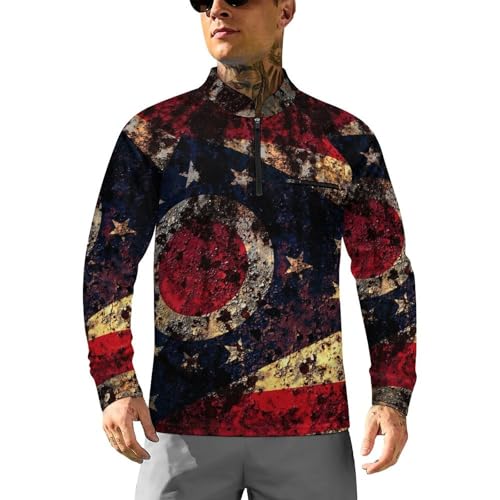 Retro Style Ohio Flag Men's Rash Guard Long Sleeves Quick Dry Fishing Workout Shirts with Zipper