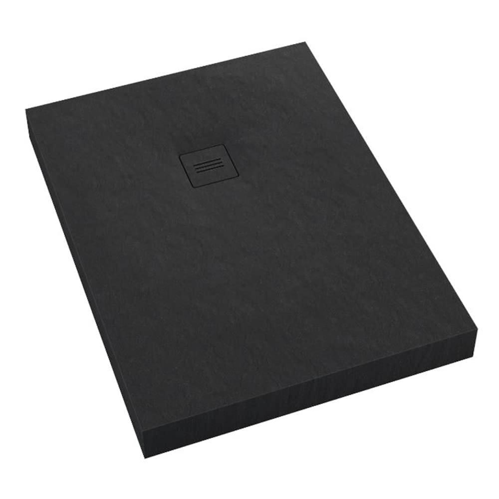 Sellon24® Plato de ducha acrílico, aspecto de piedra, negro, antideslizante, cubierta para desagüe, cuadrado, cuarto círculo, rectángulo (R_70 x 120 x 12 cm)