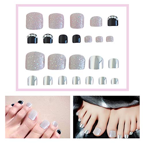 48Pcs Press on Toenails Full Cover False Nails Set Artificial Nails Resin Fake Fashion Nail Art Design Manicure Set with Glue Stickers & Nail File & Nail Double-sided Tabs - Medium Size