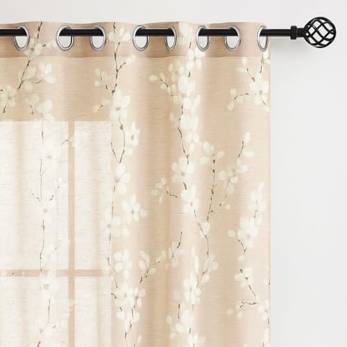 Image of BFAM Sheer Curtain with Floral Print, Premium Printed Sheer Drapes, Eyelet /Grommet Curtain for Living Room, Bedroom, Light Filtering Curtains, Beige Floral 5 Feet,Pack of 1 Curtain